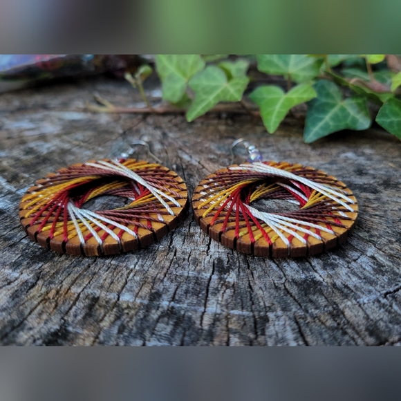 Unique Bohemian Multicolor Wood Circle Earrings - Picture 2 of 2